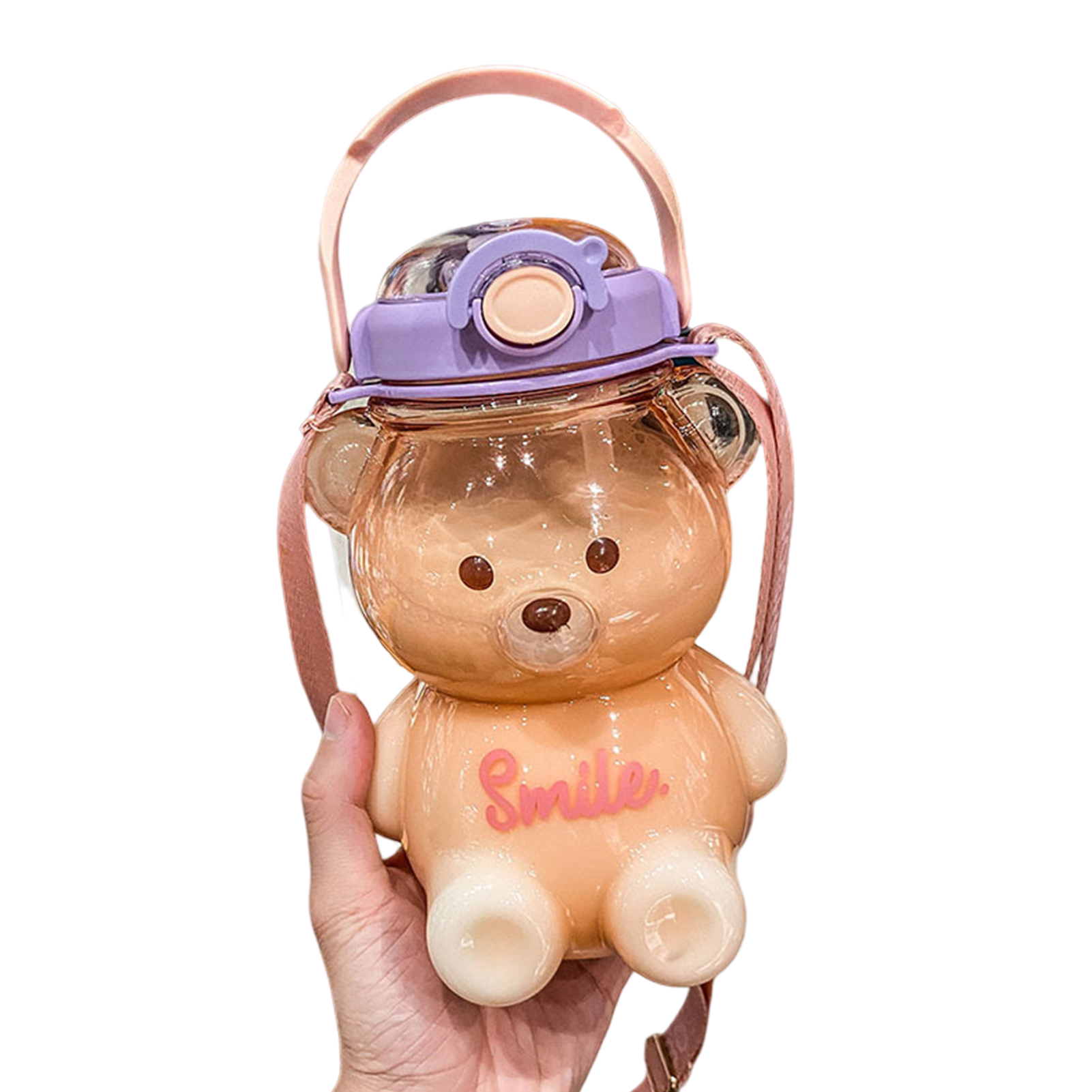 Cute Bear Water Bottle with Straw Handle & Adjustable Strap 1000ml Pink